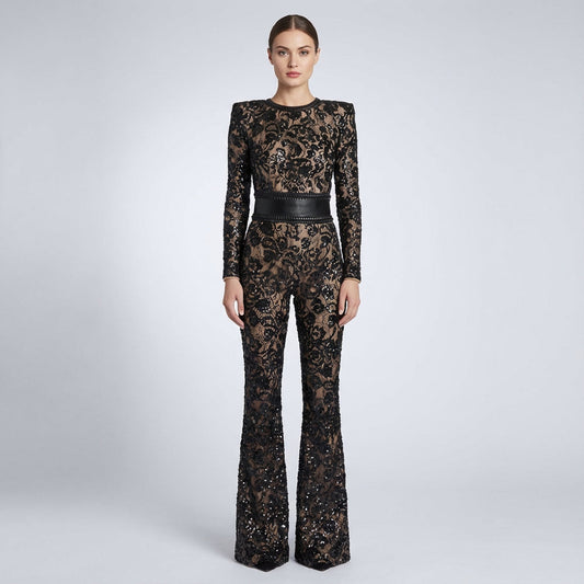 Pine Women’s Jumpsuit | Floral Lace Overlay, Flared Legs