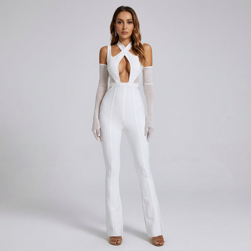 Ivory Women's Bandage Jumpsuit | Cross Halter Neckline, Flared Leg Silhouette