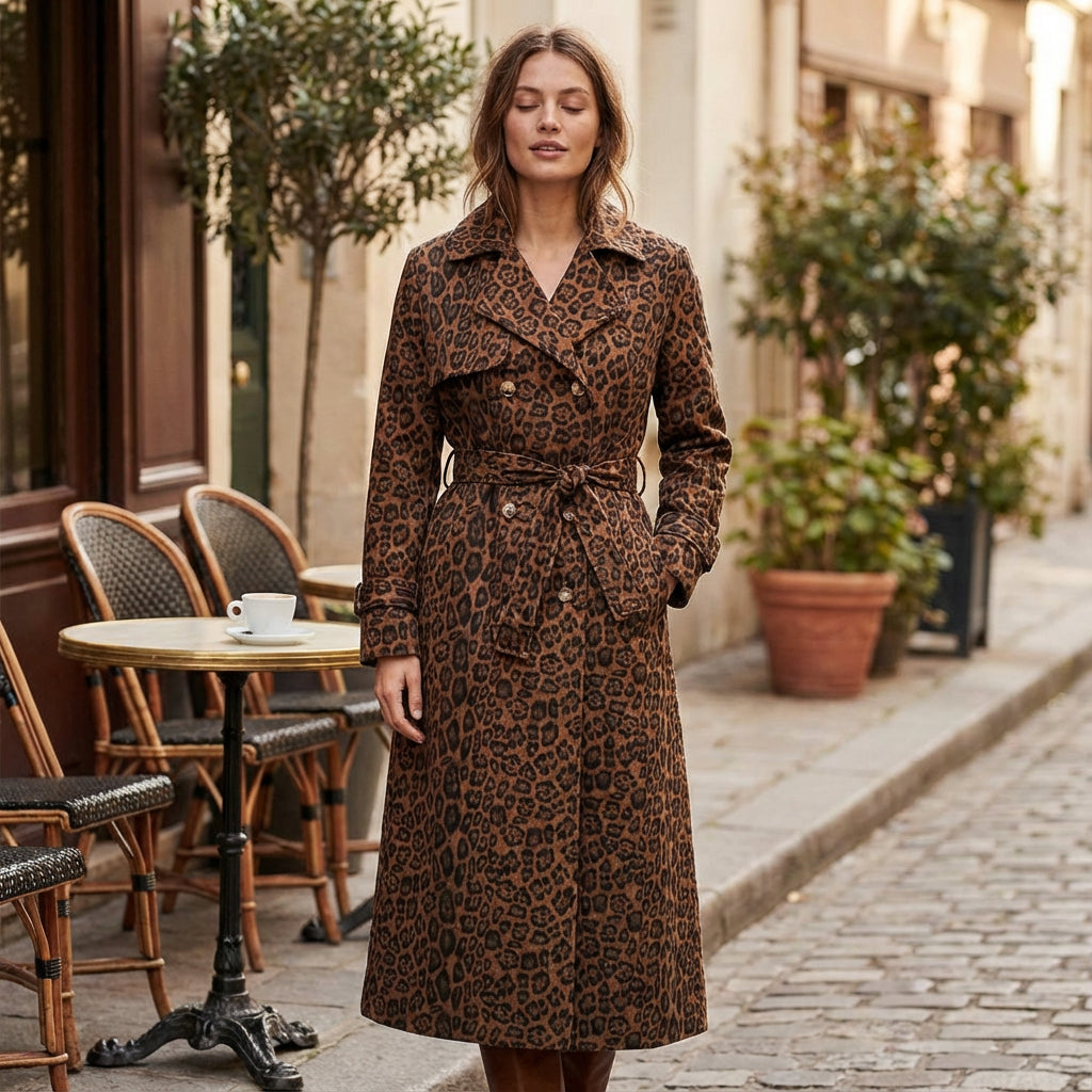 Manteau long pour femme Roma | Imprimé léopard, taille ceinturée