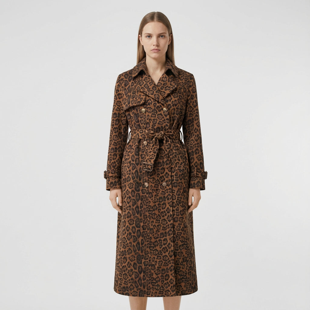 Manteau long pour femme Roma | Imprimé léopard, taille ceinturée