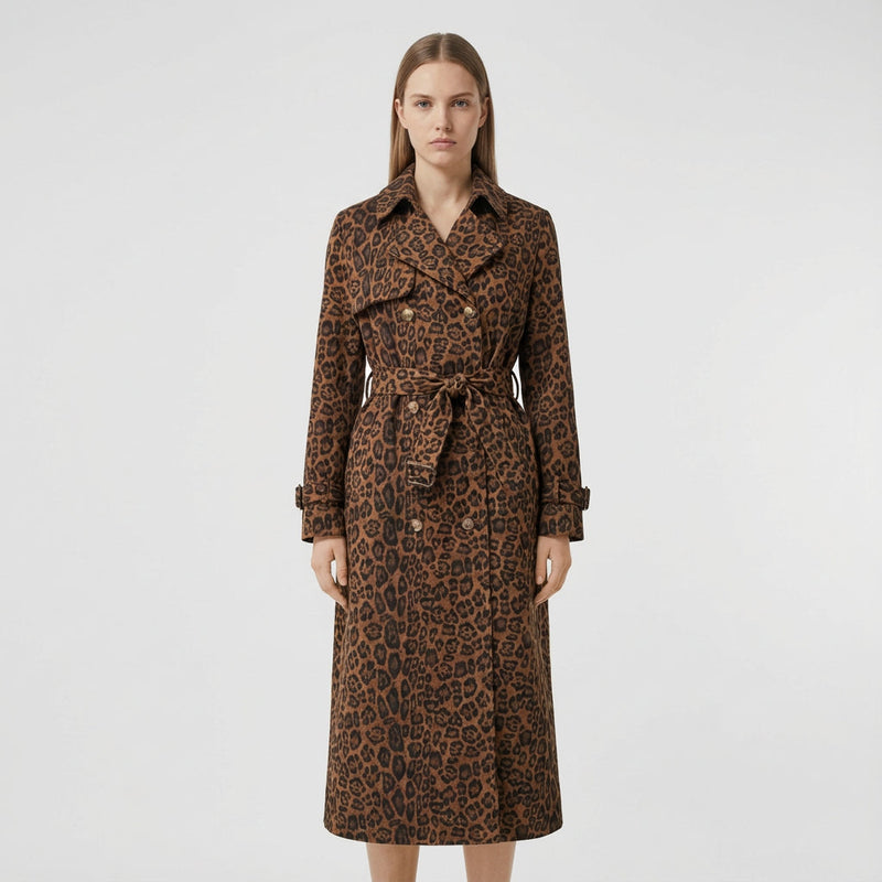 Manteau long pour femme Roma | Imprimé léopard, taille ceinturée