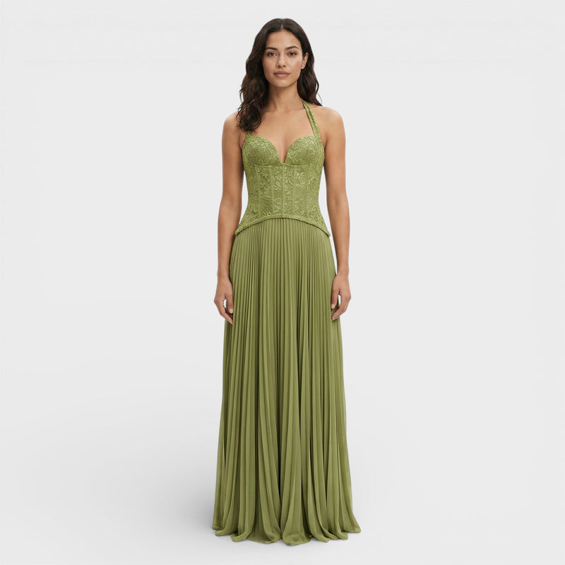 Dahlia Women's Pleated Maxi Dress | Halter, Lace