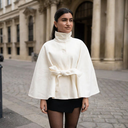 Elowen Women’s High-Neck Cape Jacket | Belted Waist, Cape Silhouette