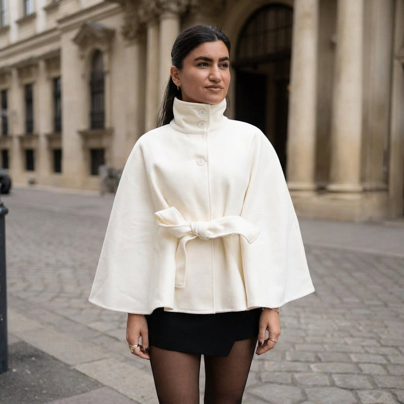 Elowen Women’s High-Neck Cape Jacket | Belted Waist, Cape Silhouette