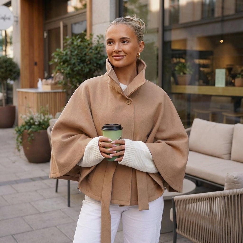 Elowen Women’s High-Neck Cape Jacket | Belted Waist, Cape Silhouette