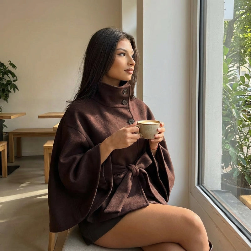 Elowen Women’s High-Neck Cape Jacket | Belted Waist, Cape Silhouette