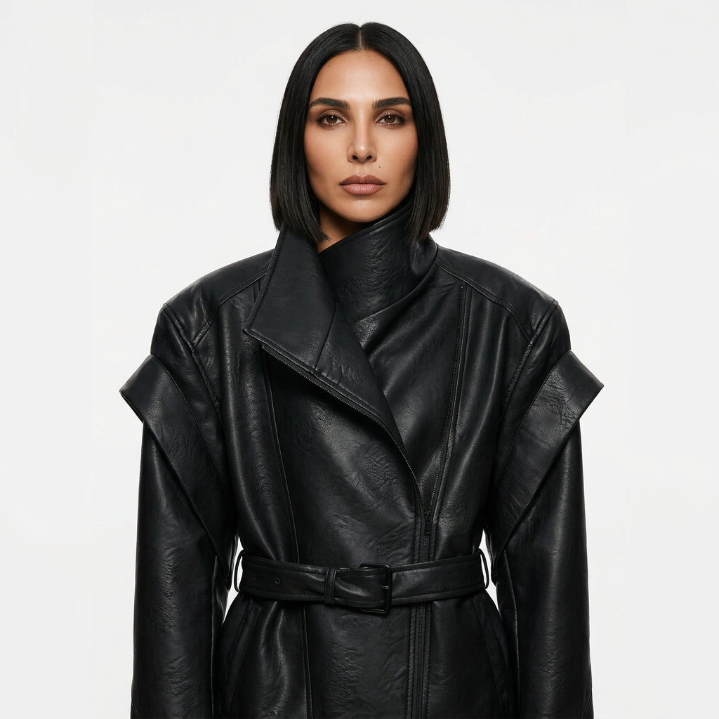 Nadia Women’s Vegan Leather Jacket | Double-Breasted, Waist Tie Belt