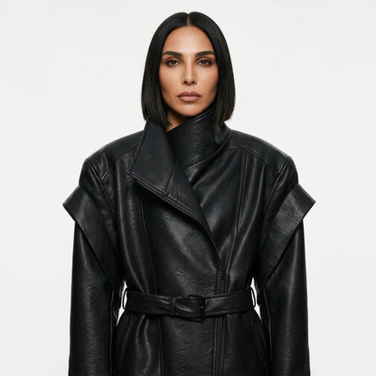 Nadia Women’s Vegan Leather Jacket | Double-Breasted, Waist Tie Belt