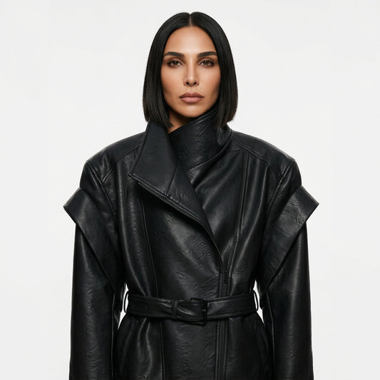 Veste en cuir vegan pour femmes Nadia | Croisée, ceinture à nouer à la taille