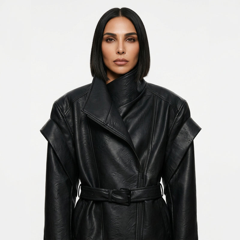 Nadia Women’s Vegan Leather Jacket | Double-Breasted, Waist Tie Belt