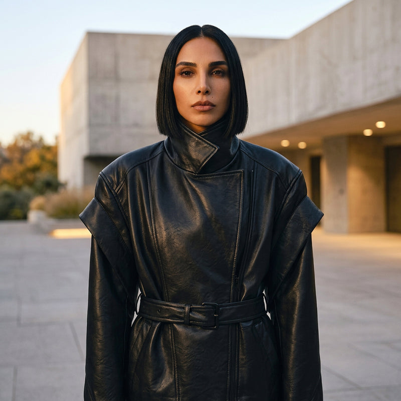 Nadia Women’s Vegan Leather Jacket | Double-Breasted, Waist Tie Belt