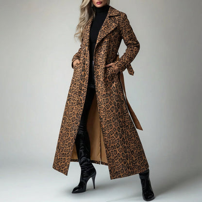 Manteau long pour femme Roma | Imprimé léopard, taille ceinturée