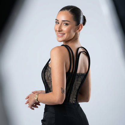 Aria Women's Evening Gown | Sheer Lace Corset Bodice, Draped Train Skirt