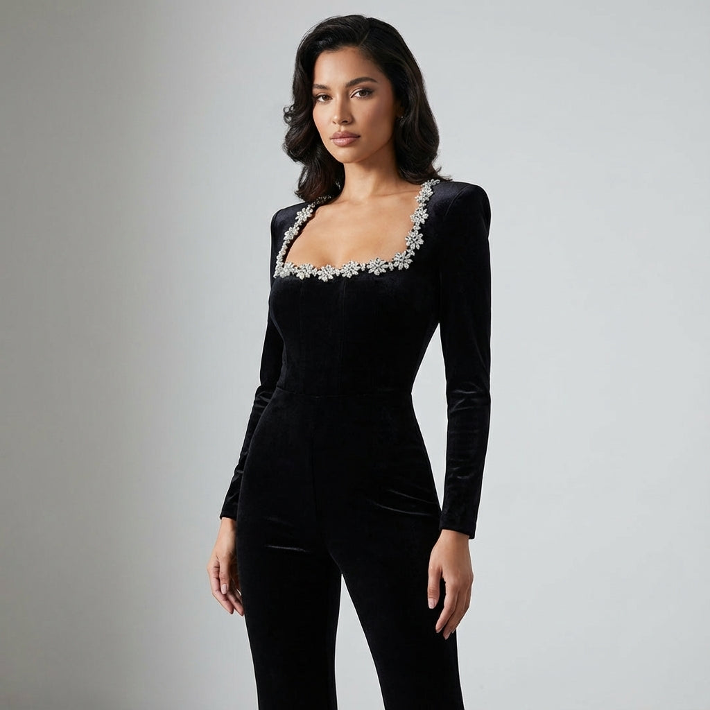 Elara Women's Jumpsuit | Black Velvet, Crystal Floral Neckline