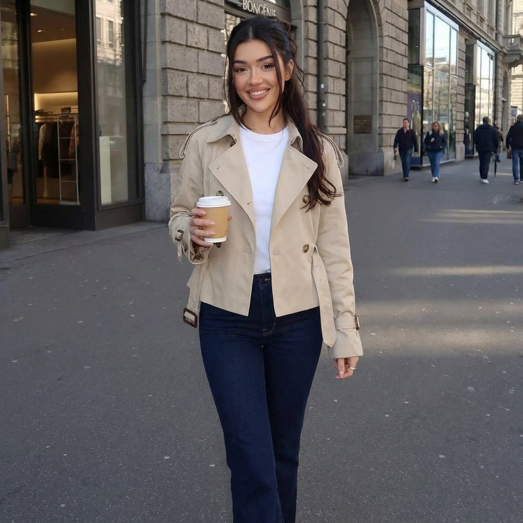 Chaqueta Trench Cortada para Mujeres de Elena | Cintura con Cinturón, Diseño Doble Botonadura