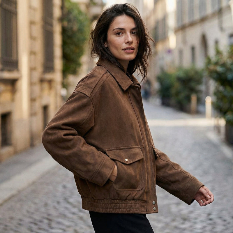 Kayla Women’s Suede Bomber Jacket | Zip Closure, Elastic Hem