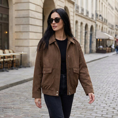 Kayla Women’s Suede Bomber Jacket | Zip Closure, Elastic Hem