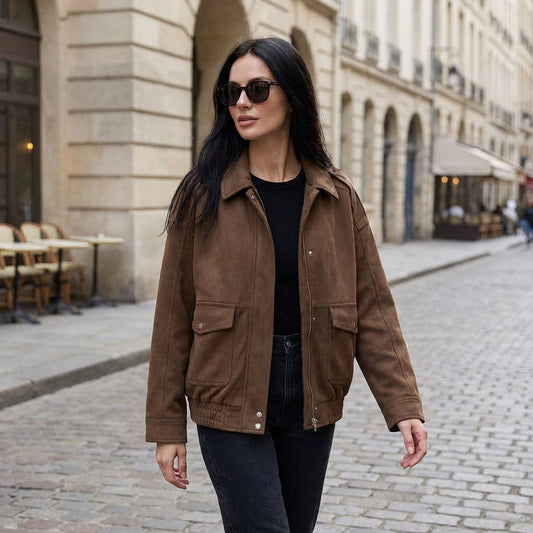 Veste bomber en daim pour femmes Kayla | Fermeture éclair, ourlet élastique