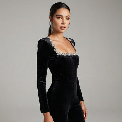 Elara Women's Jumpsuit | Black Velvet, Crystal Floral Neckline