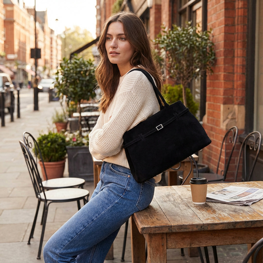 Aurelia Women’s Suede Handbag | Belted Front Design, Top Handle