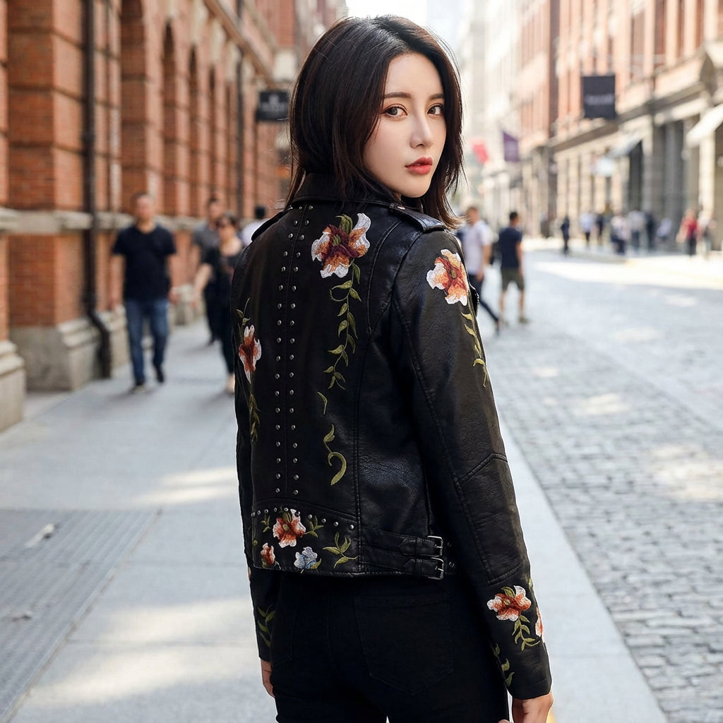 Juniper Women's Biker Jacket | Floral Embroidery, Silver Studded Trim