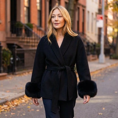 Aria Women’s Faux Fur Coat | Belted Waist, Fur-Trim Cuffs