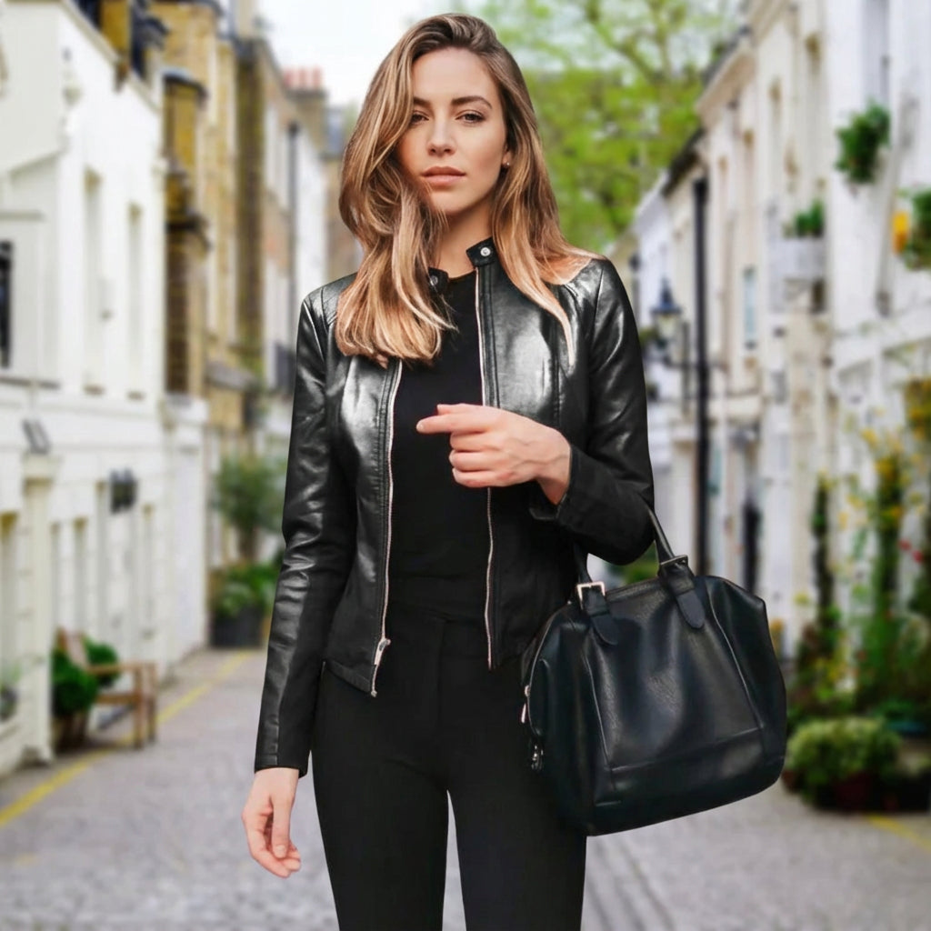Everly Women's Leather Jacket | Zippered Biker Design, Fitted Silhouette