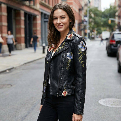 Juniper Women's Biker Jacket | Floral Embroidery, Silver Studded Trim