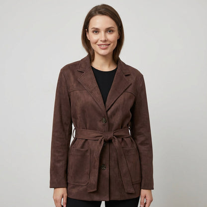 Elena Women’s Suede Blazer | Belted Waist, Lapel Collar