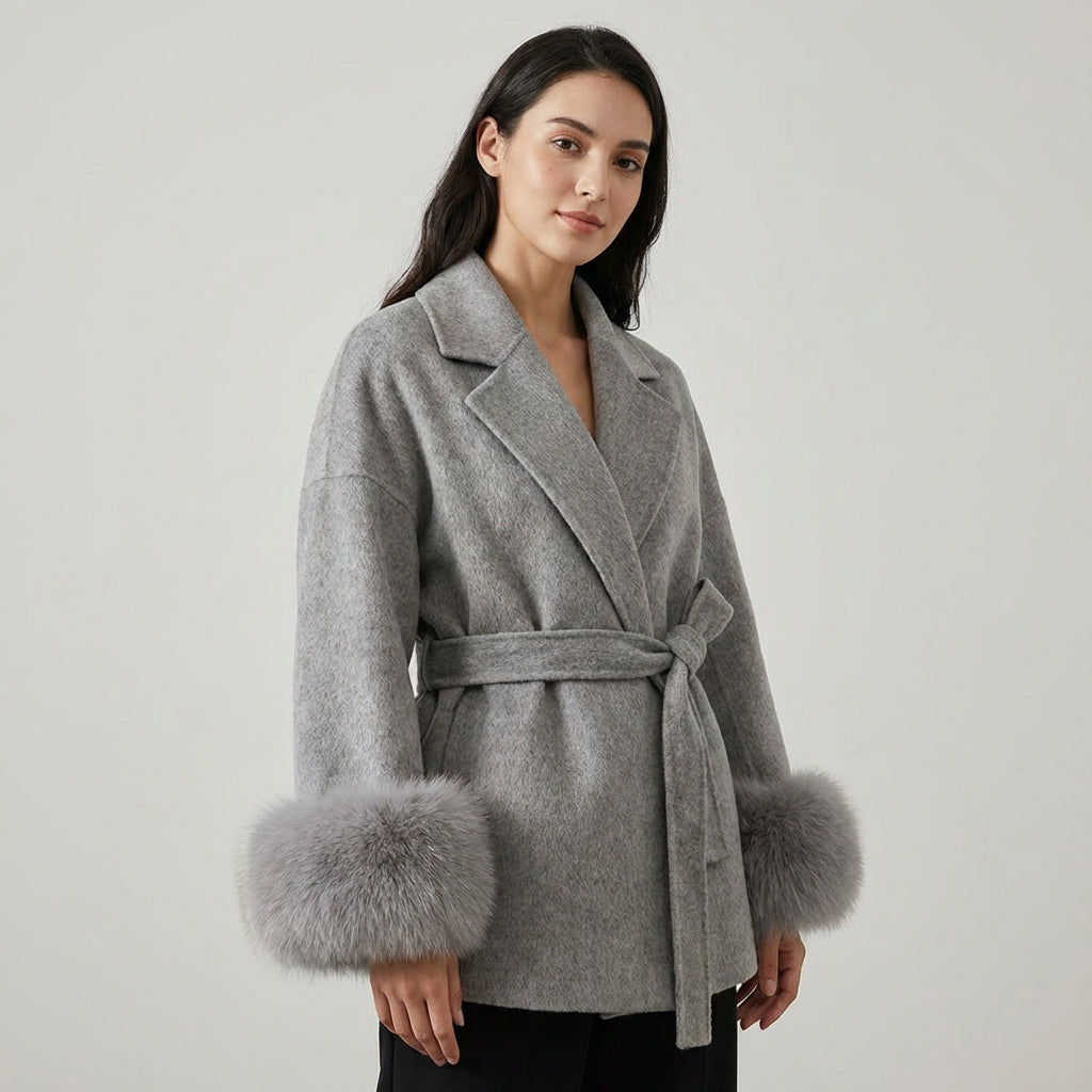 Aria Women’s Faux Fur Coat | Belted Waist, Fur-Trim Cuffs