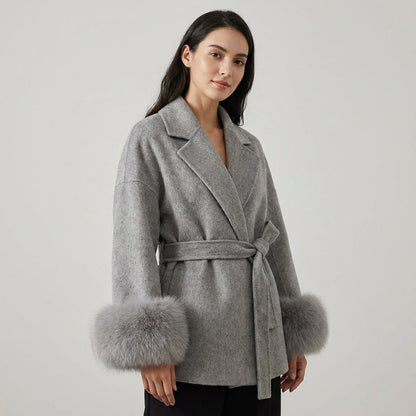 Aria Women’s Faux Fur Coat | Belted Waist, Fur-Trim Cuffs