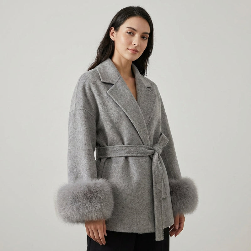 Aria Women’s Faux Fur Coat | Belted Waist, Fur-Trim Cuffs