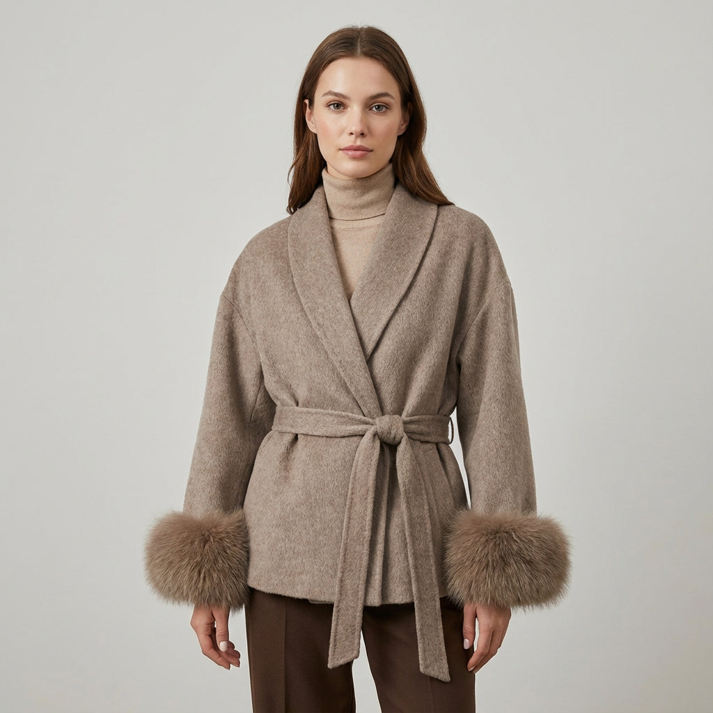 Aria Women’s Faux Fur Coat | Belted Waist, Fur-Trim Cuffs