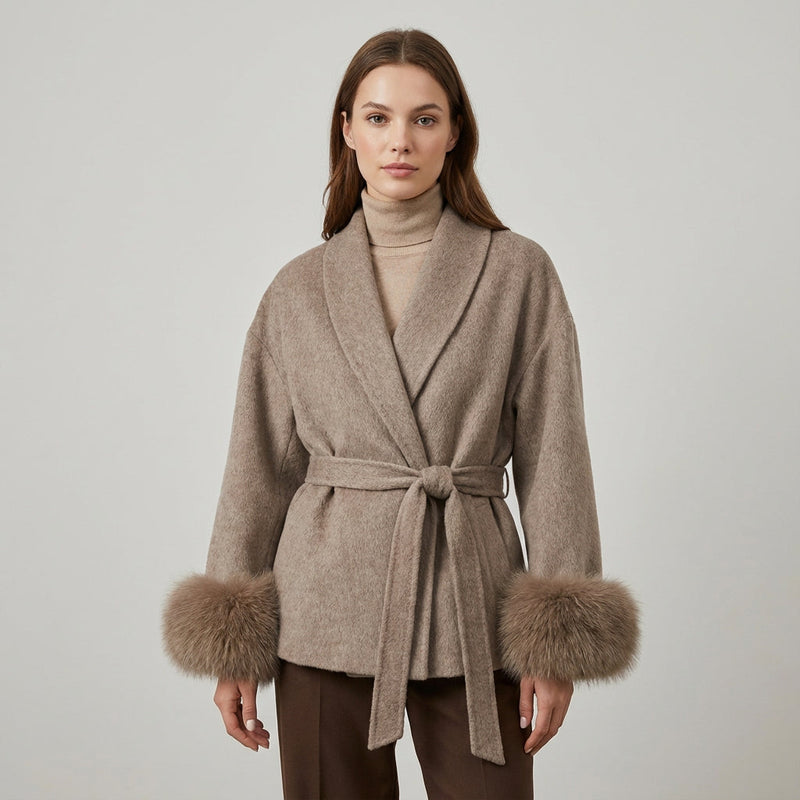 Aria Women’s Faux Fur Coat | Belted Waist, Fur-Trim Cuffs