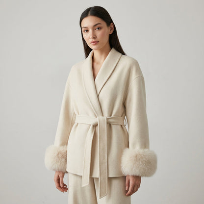 Aria Women’s Faux Fur Coat | Belted Waist, Fur-Trim Cuffs