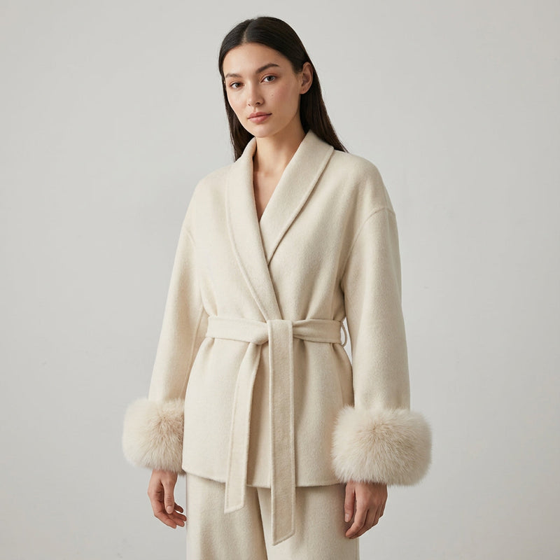 Aria Women’s Faux Fur Coat | Belted Waist, Fur-Trim Cuffs