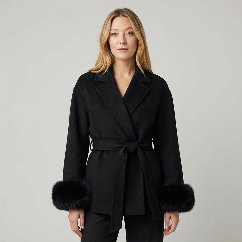 Aria Women’s Faux Fur Coat | Belted Waist, Fur-Trim Cuffs