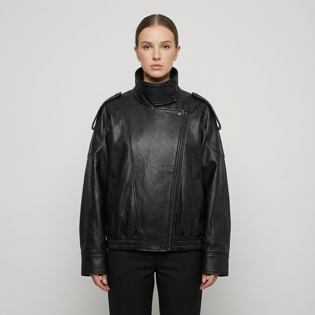Lucille Asymmetrical Leather Jacket | Oversized, Asymmetrical front closure
