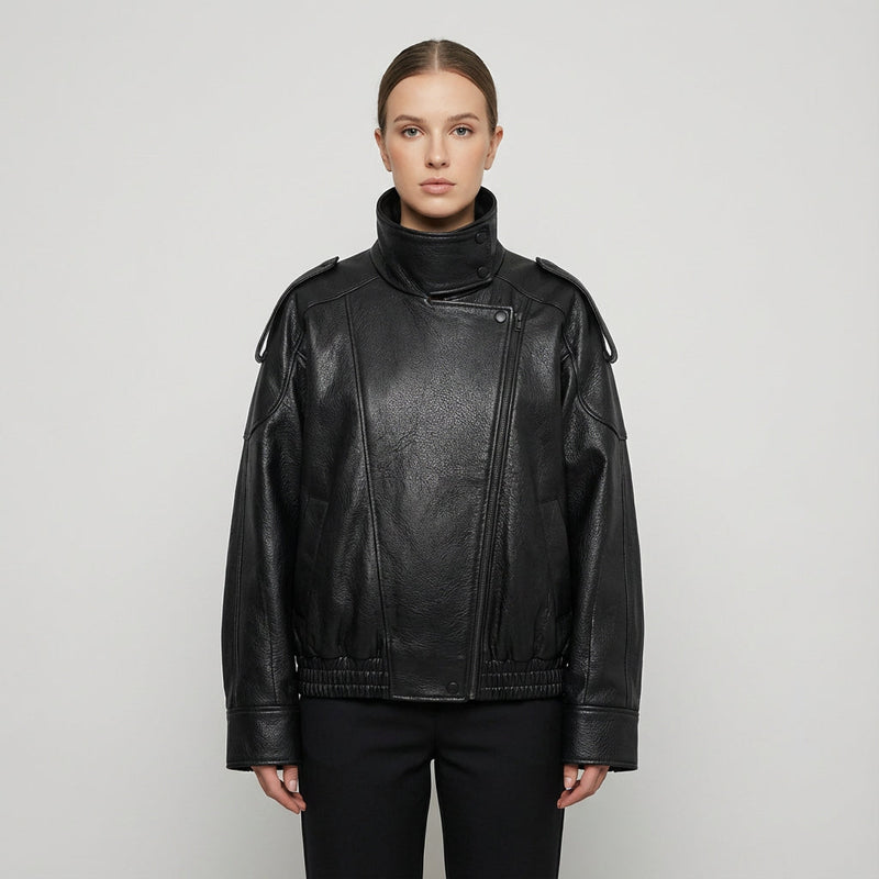 Lucille Asymmetrical Leather Jacket | Oversized, Asymmetrical front closure