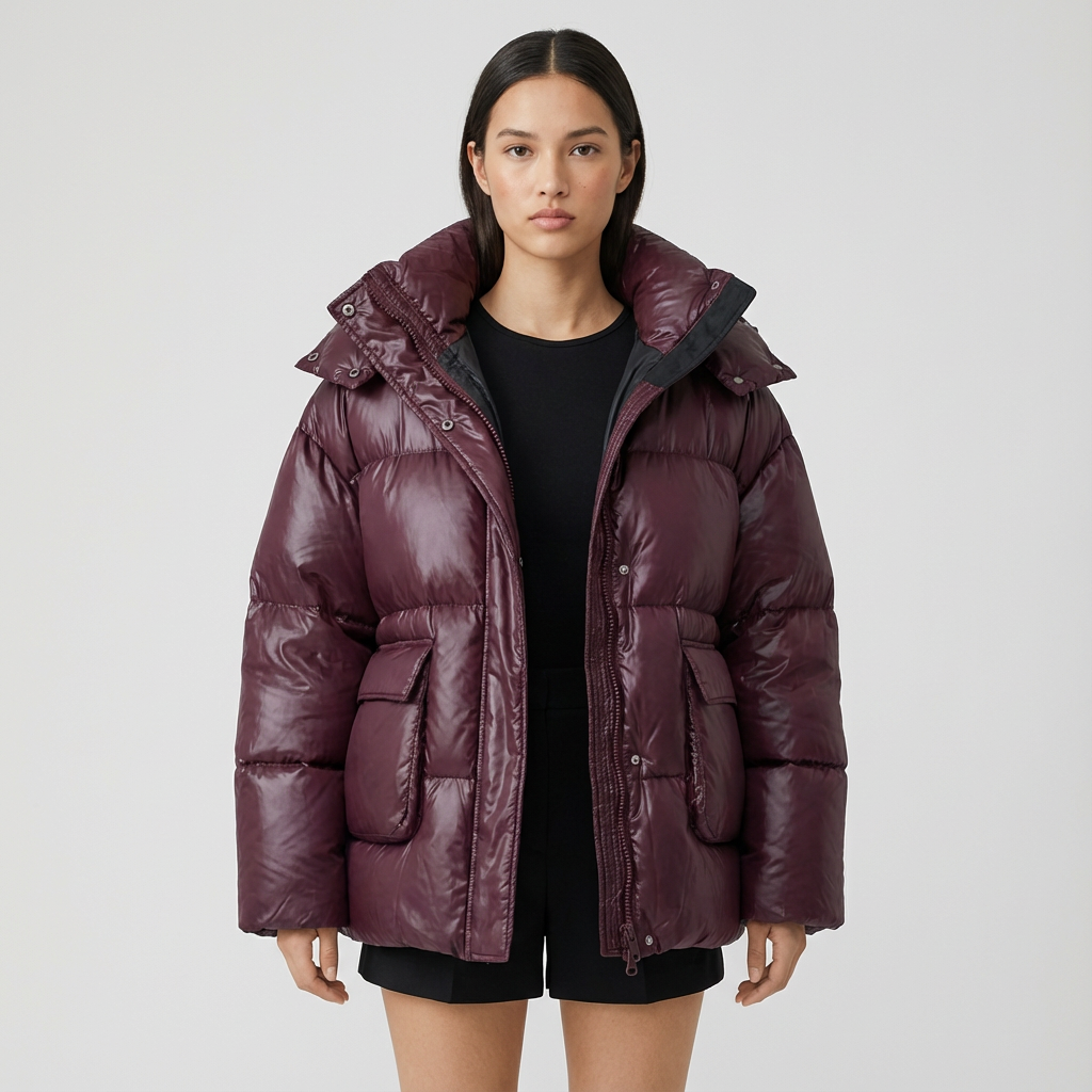 Veda Women's Oversized Puffer Jacket | Glossy Quilted Shell, Snap-Tab Hood