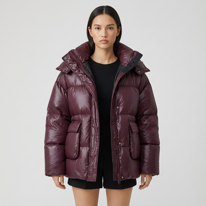 Veda Women's Oversized Puffer Jacket | Glossy Quilted Shell, Snap-Tab Hood