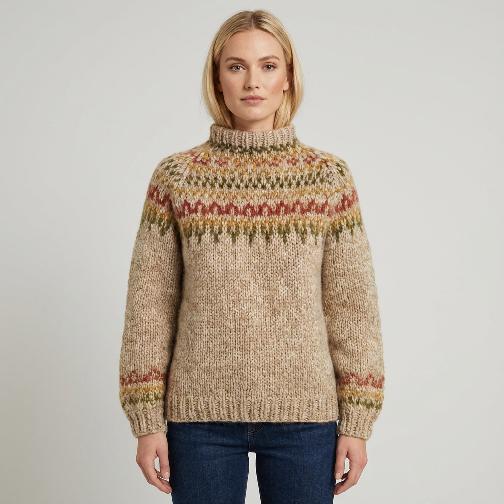 Suéter de punto nórdico para mujer Aureline | Cuello Alto, Patrón Herencia