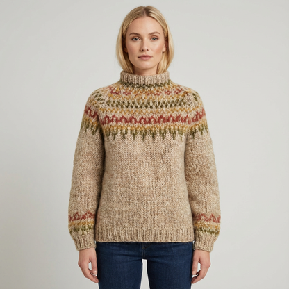 Suéter de punto nórdico para mujer Aureline | Cuello Alto, Patrón Herencia