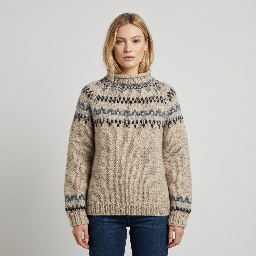 Suéter de punto nórdico para mujer Aureline | Cuello Alto, Patrón Herencia