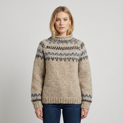 Suéter de punto nórdico para mujer Aureline | Cuello Alto, Patrón Herencia