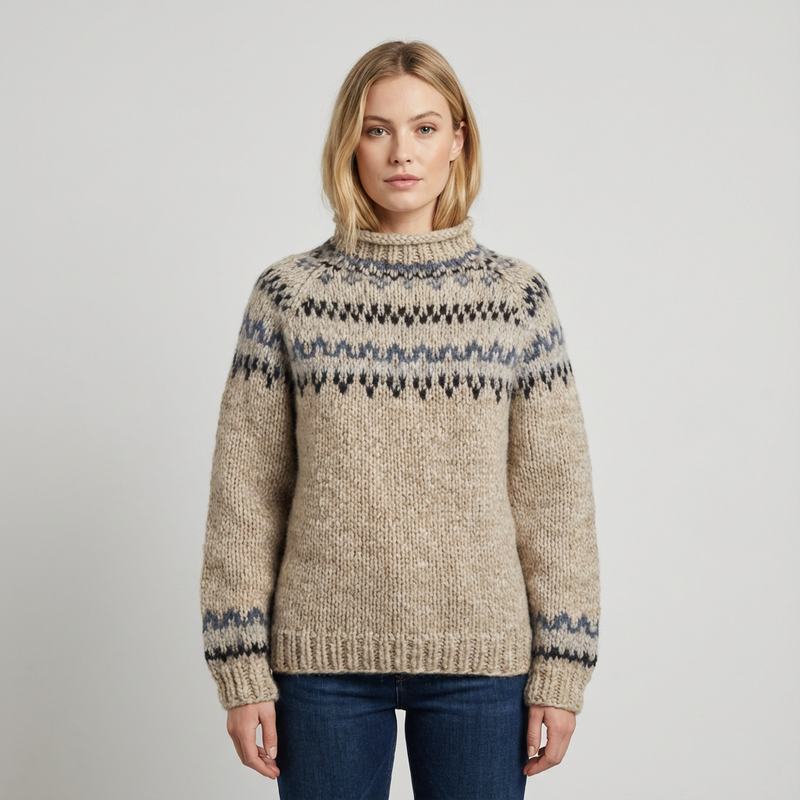 Suéter de punto nórdico para mujer Aureline | Cuello Alto, Patrón Herencia