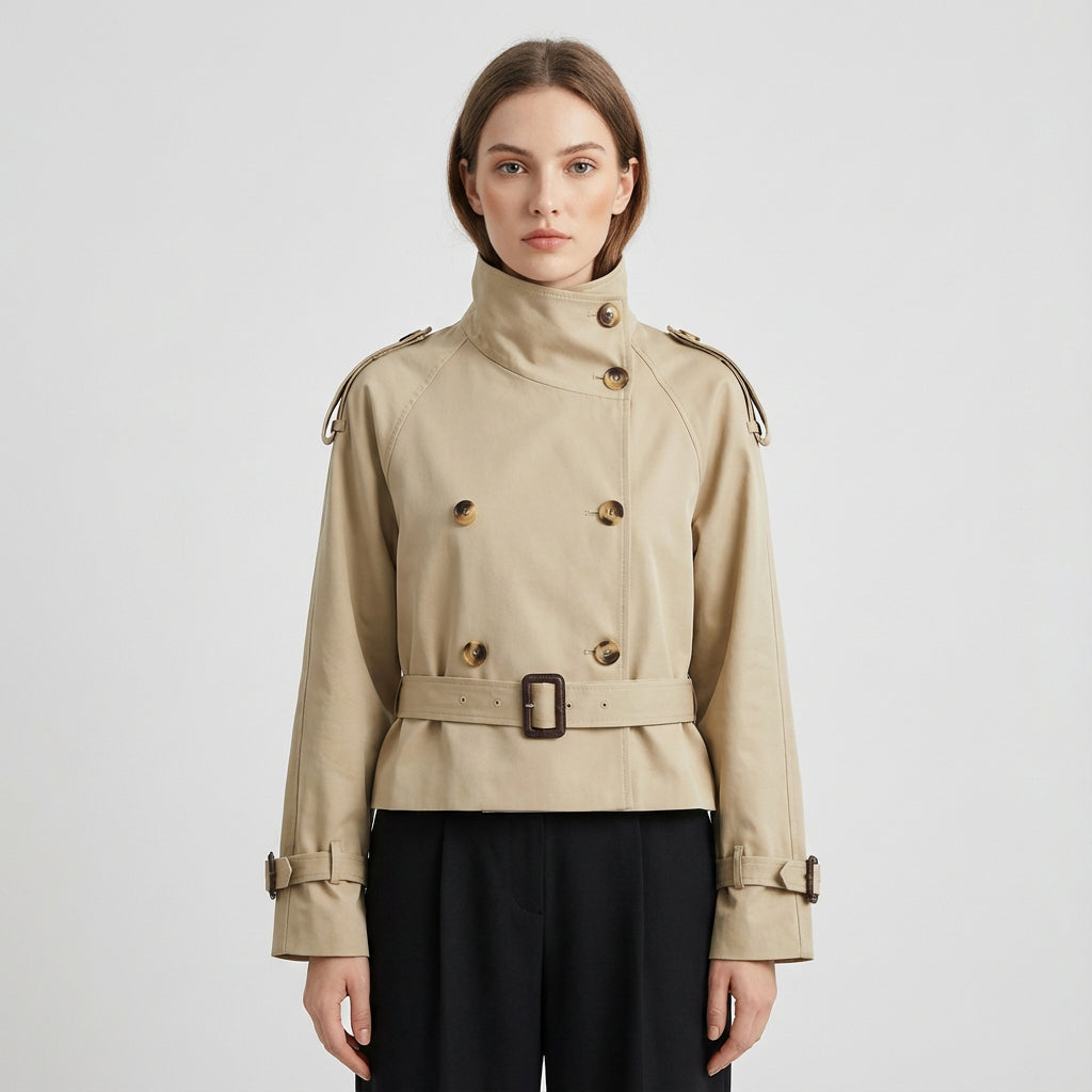 Chaqueta Trench Cortada para Mujeres de Elena | Cintura con Cinturón, Diseño Doble Botonadura