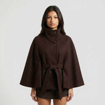 Elowen Women’s High-Neck Cape Jacket | Belted Waist, Cape Silhouette