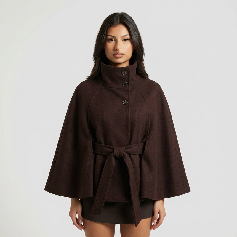Elowen Women’s High-Neck Cape Jacket | Belted Waist, Cape Silhouette