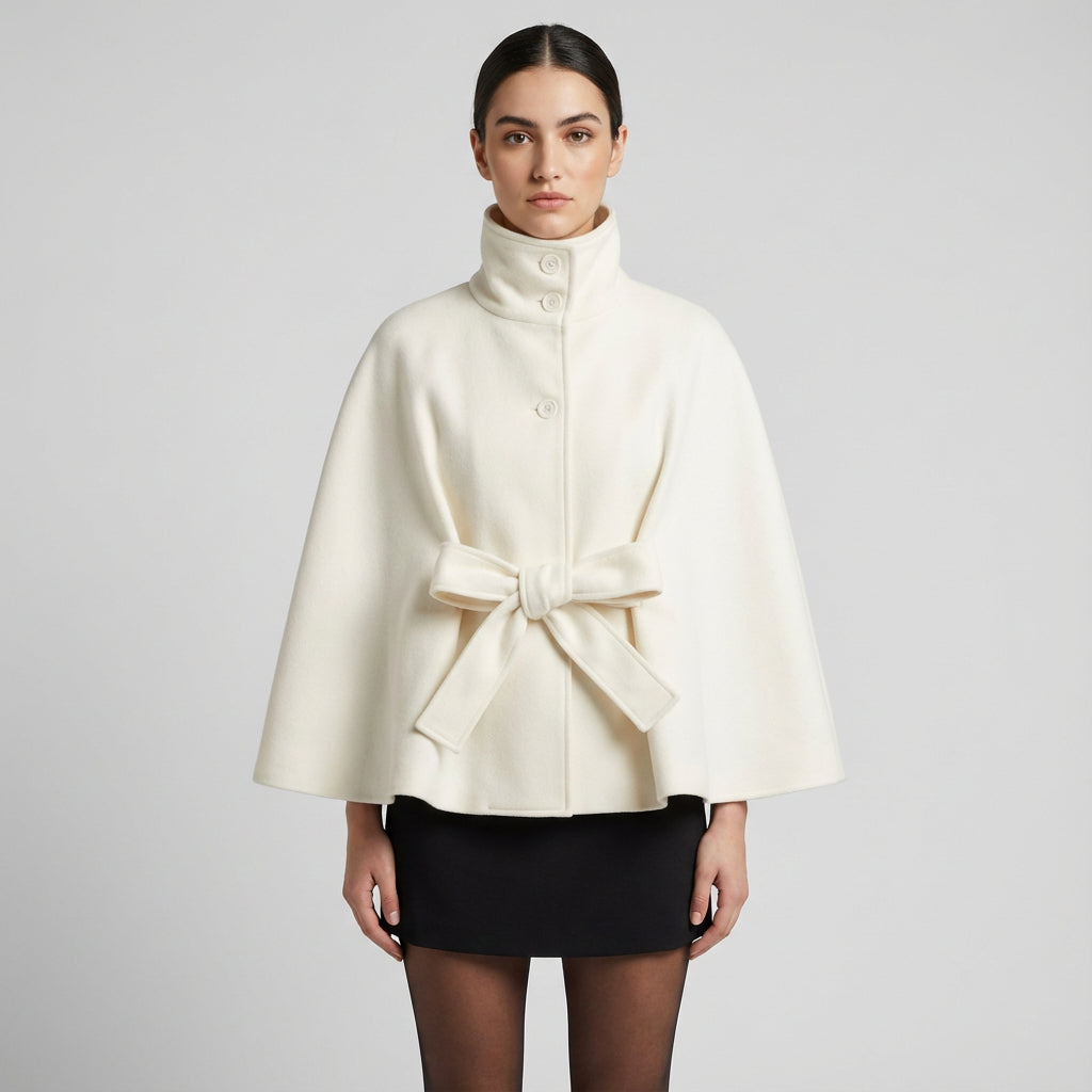 Elowen Women’s High-Neck Cape Jacket | Belted Waist, Cape Silhouette